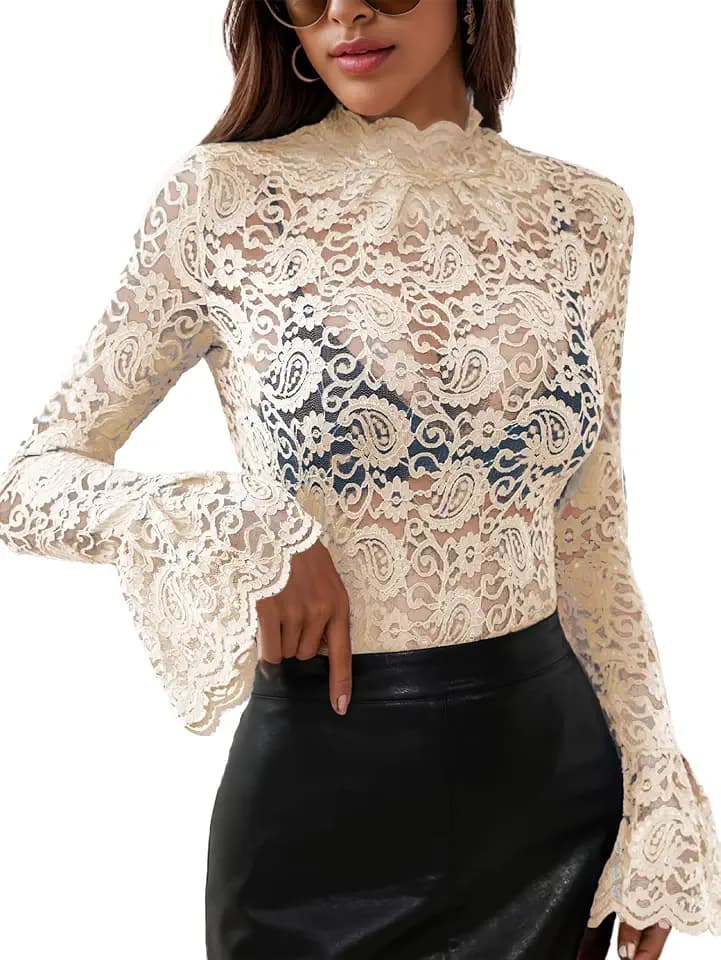 Women's Long Sleeve Lace Mesh Tops High Neck Sheer Floral Blouse Shirt