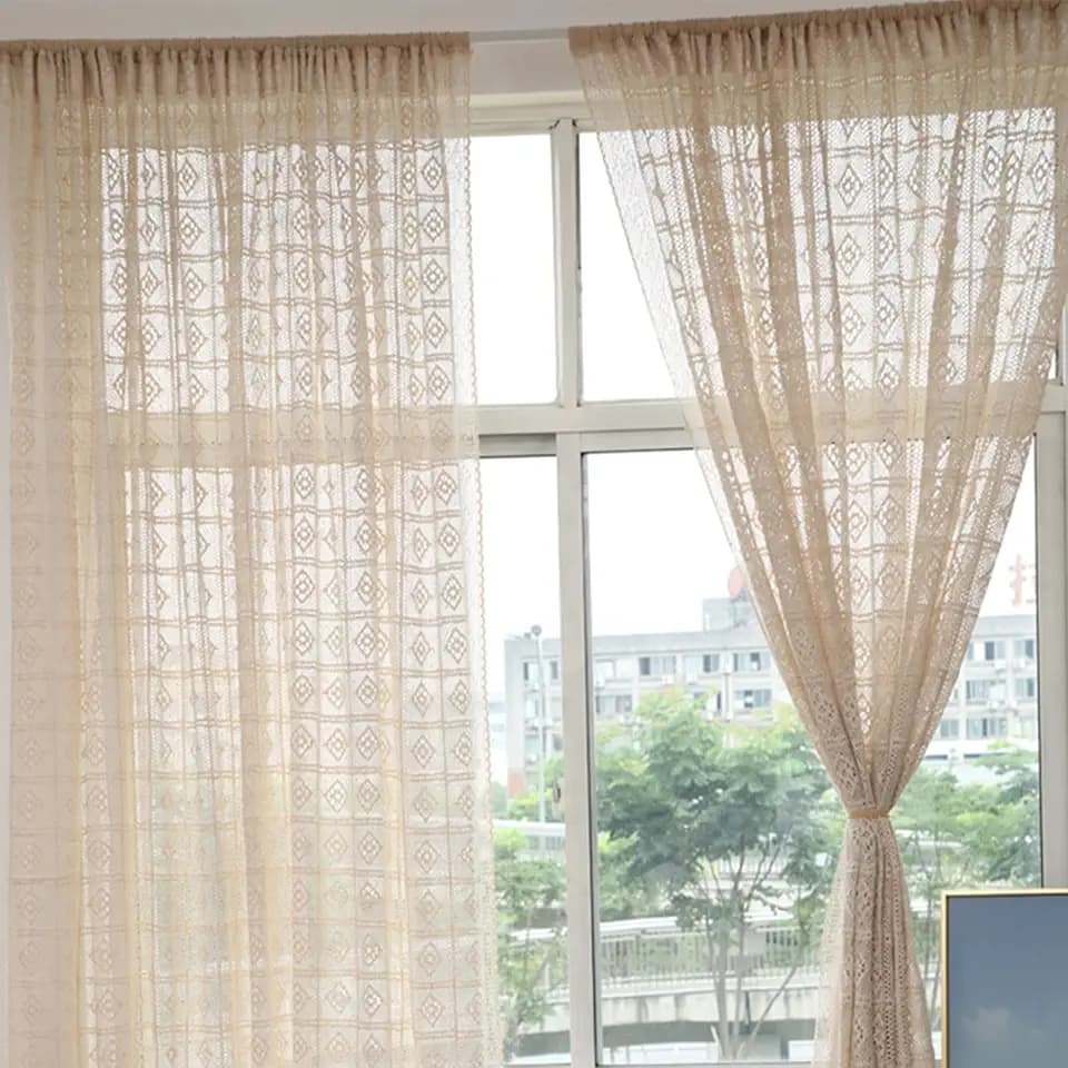Yizunnu Beige Vintage Baumwolle Fenstervorhang Panel Boho Chic Handhäkeln Stricken Vorhang Vorhänge für Schlafzimmer Wohnzimmer (180 cm x 260 cm (B x L)