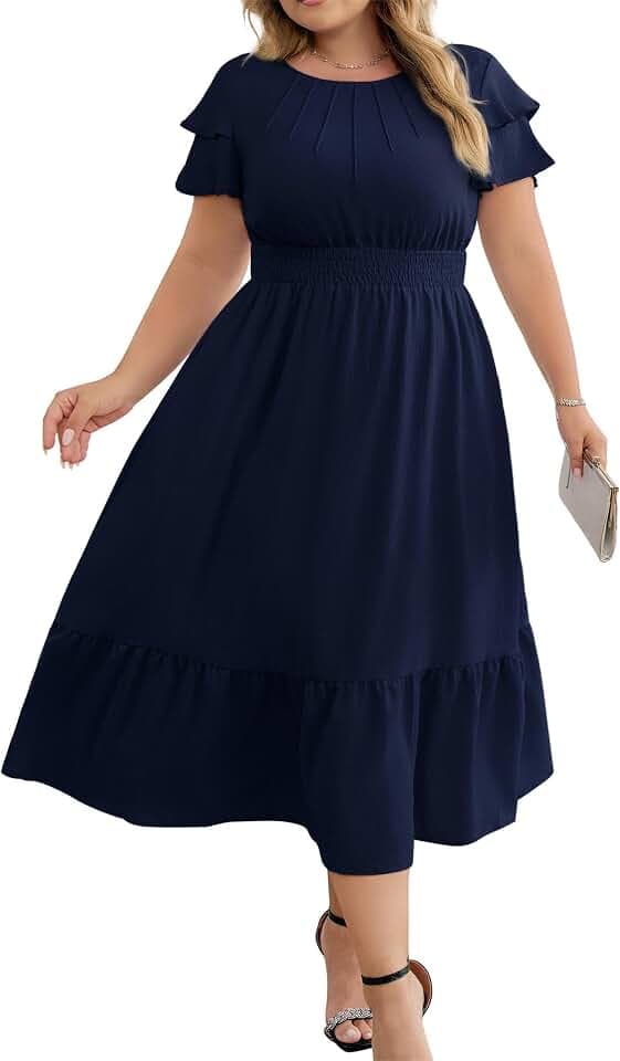 Damen-Freizeitkleid in Übergröße, Rundhalsausschnitt, Rüschen, Kurze Ärmel, Midikleid 2025, Elegantes A-Linien-Kleid für Damen