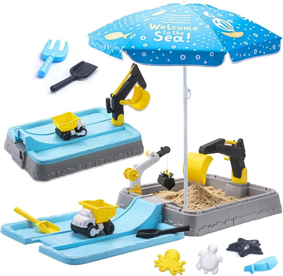 VROGTIK Sandkasten mit Bagger & Sonnenschirm, Kinder Sandkasten mit Abdeckung, Sandspielzeug Set mit Strandspielzeug für Kinder 3-5 Jahre, Outdoor Garten Spielzeug