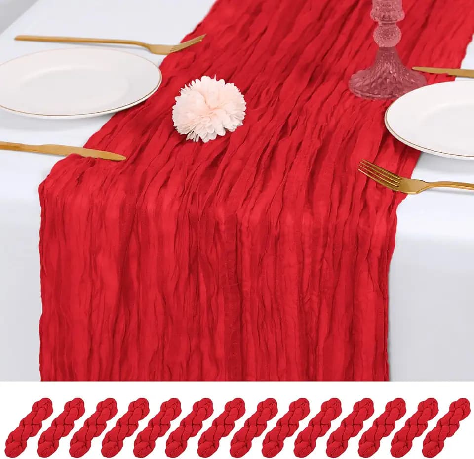 14 Pack Red Cheesecloth Table Runner 17x108 Inch Semi Sheer Boho Gauze Cheese Cloth Fabric Table Runners, for Wedding Party Baby Shower Birthday Home Decor Garden Farmhouse