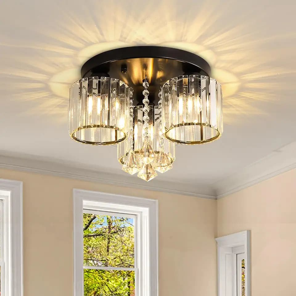 Black Farmhouse Ceiling Light for Bedroom, 3-Lights Crystal Chandelier Lighting Fixtures Drum Lights for Dining Room Kitchen Entrway Foyer Crystal Pendant Drops Lamp