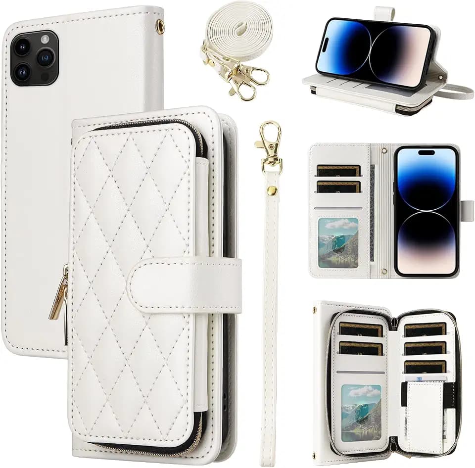 Wallet Case for iPhone 15 Pro Max 6.7 inch with Wrist Strap, 9+ Card Slots Zipper Purse, Luxury PU Leather Stand Phone Cover for iPhone15promax 5G i Phone15Max Plus iPhone15 ProMax Women White
