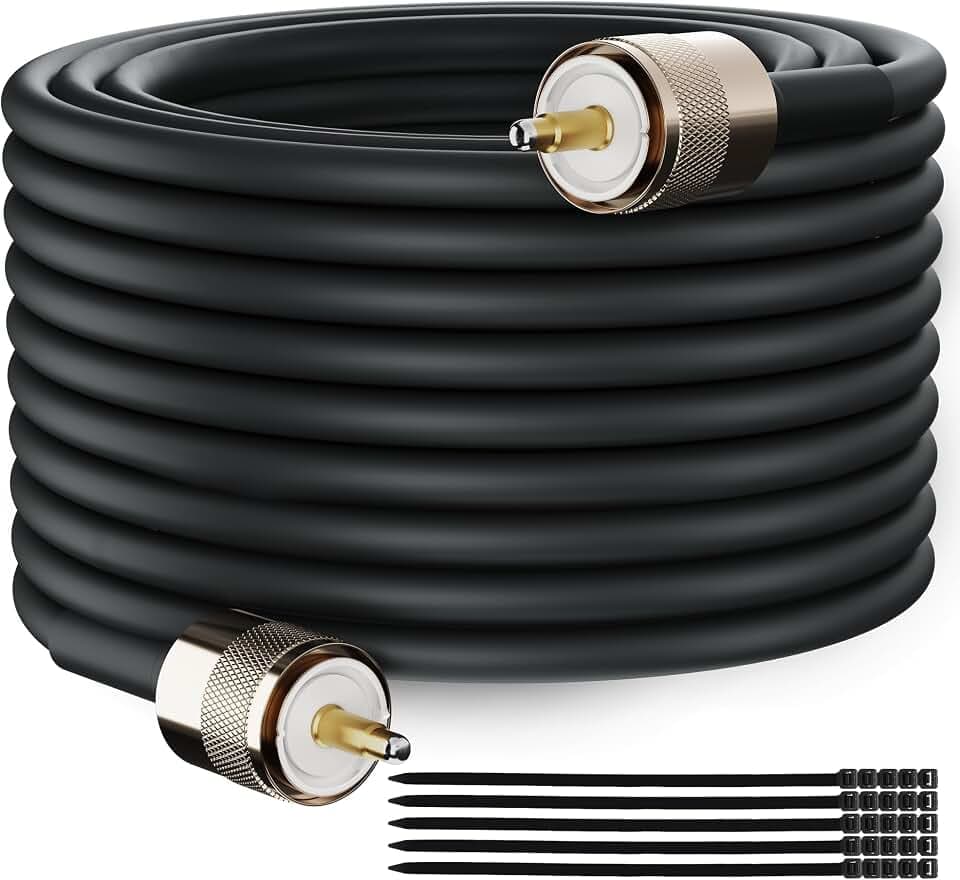 Elecan Ham Radio CB Coax Cable 50 Ohm RG8X Coaxial Cable 50 Ft, UHF Male PL-259 Low Loss Digital Coax UHF Jumper Cable for Antenna Analyzer, SWR Meter, HF/VHF, Dummy Load with Ties