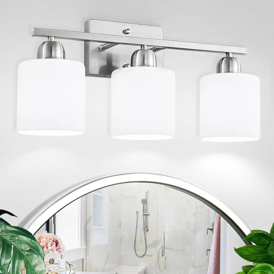 Brushed Nickel Bathroom Light Fixture, Anti-Rust Finish 3 Light Vanity Lights for Bathroom, Bath Lights with Milky White Frosted Glass Shades, E26 Socket