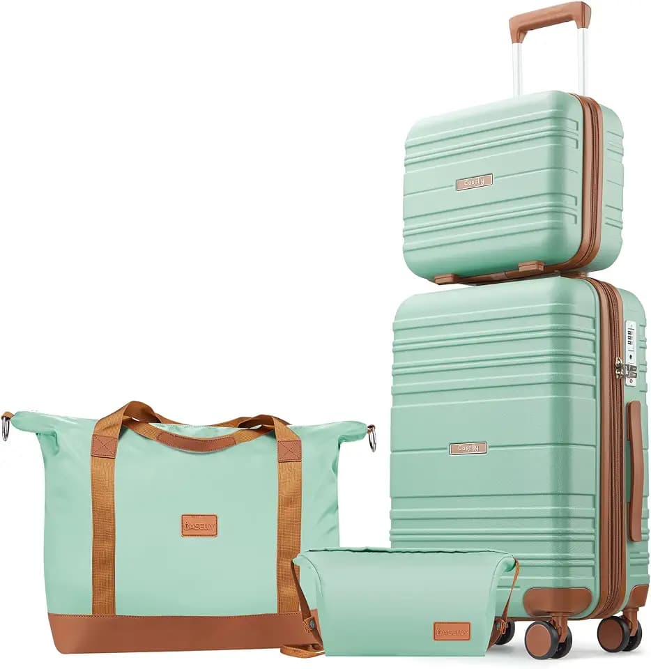 Luggage Sets with Spinner Wheels, Lightweight Hardshell Suitcase Set with TSA Lock, Carry On Checked Luggage Set with YKK Zippers (Green, 4 Piece Sets(14/20/DB/TB))
