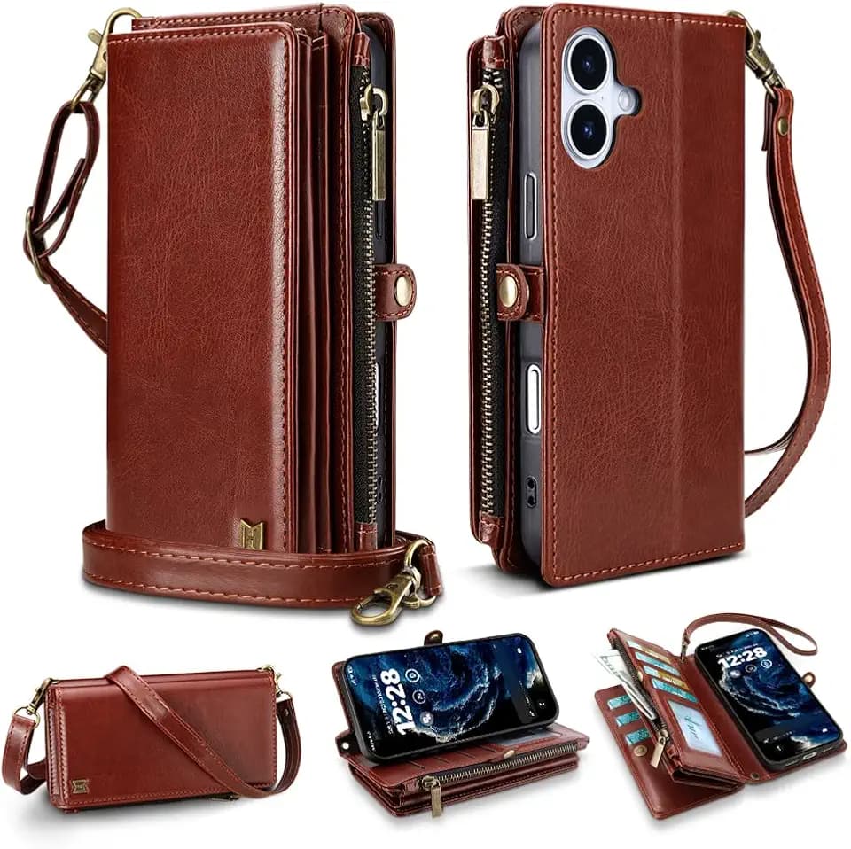 Wallet Case for iPhone 17 Crossbody Flip Cover Brown