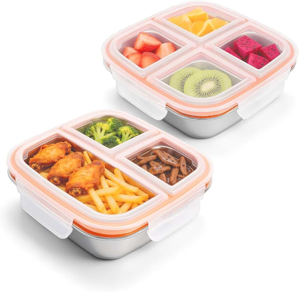2 Stück 600ml Snackbox mit 7 Fächern Edelstahl, Müslibecher to go Edelstahl für Kinder & Erwachsene, Wiederverwendbare Lunchbox mit Fächern für Schule, Arbeit & Camping, Bento Box Kinder