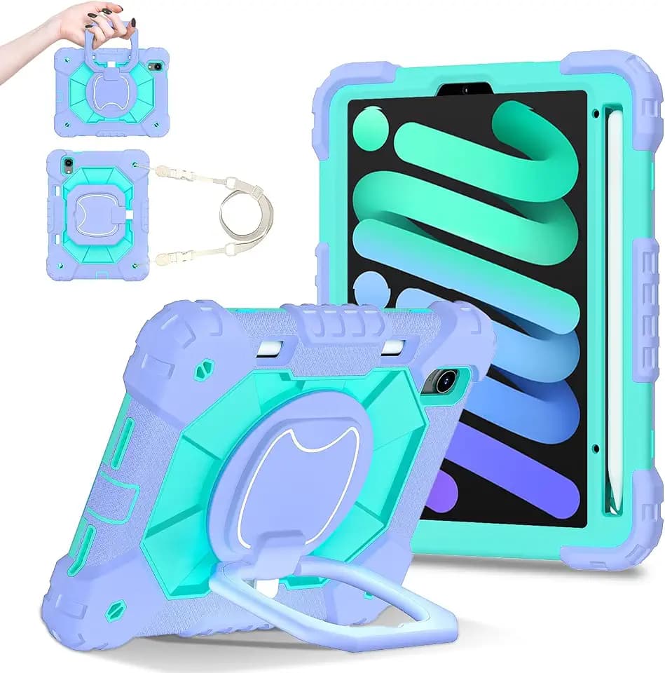 Tablet Case Cover Compatible with iPad mini 7 (A17 Pro) 2024/Mini 6 2021 Case Built-in Pencil Holder Rugged Shockproof Cover,Protective Case W 360 Swivel Kickstand+Hand Strap+Shoulder Strap(Purple)