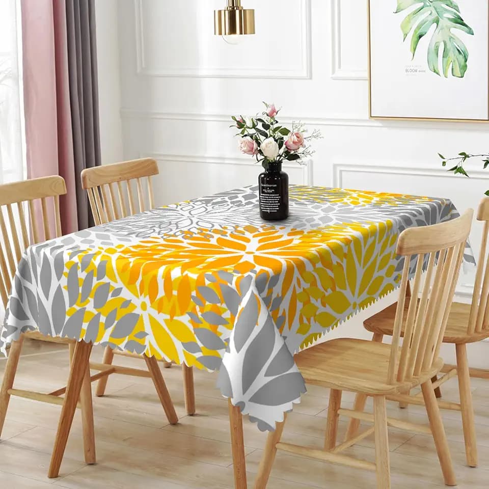 52x70inches Dahlia Floral Rectangle Table Cloth Grey Yellow Flowers Tablecloth Modern Abstract Geometric Polyester Fabric Table Cover for Kitchen Dining Room Indoor Outdoor Patio Home Decor