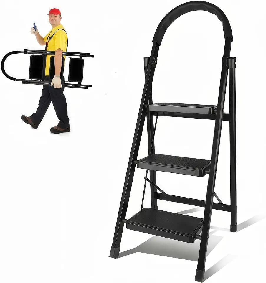 3 Step Ladder Folding, Step Stools for Adults with Wide Anti-Slip Pedals, Curved Cushioned Handrail and Safe-Lock Design, Heavy Duty Portable Multi-Purpose Ladders for Home, Kitchen, Household
