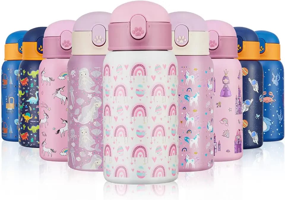500ml Trinkflasche Kinder Edelstahl mit Strohhalm, Auslaufsicher BPA-frei, Metall Wasserflasche für Kinder Jungen/Mädchen