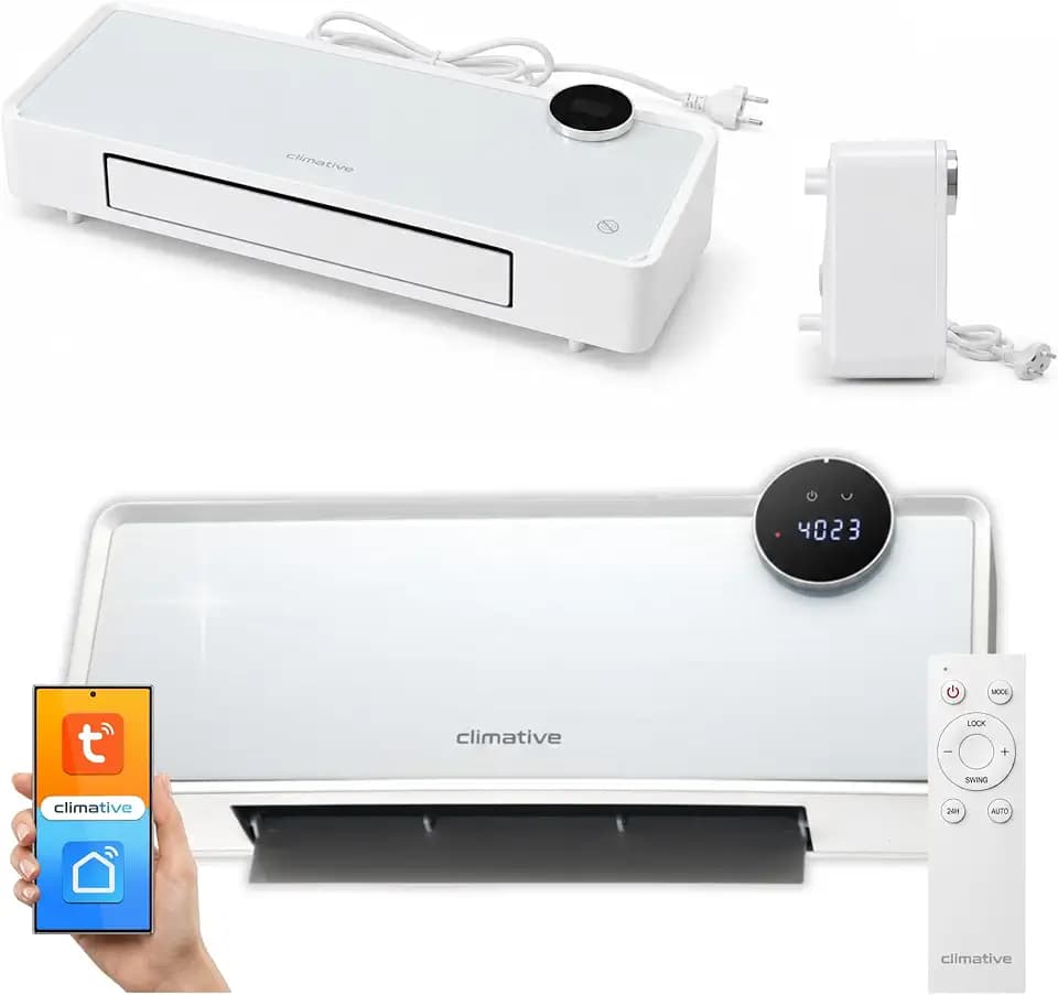 GlassAir Wandheizlüfter 2000W, Glasfront, WiFi & Tuya App, Keramik-PTC Elektroheizung zur Wandmontage, Heizlüfter Bad, Thermostat, Timer, Wochenprogramm, Oszillation, Fernbedienung, Weiß