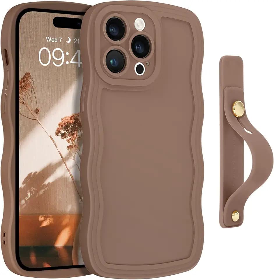 GUAGUA for iPhone 14 Pro Max Case with Wrist Strap, Cute Curly Wave Phone Case iPhone 14 Pro Max with Adjustable Wristband Kickstand Shockproof Anti Slip Phone Case for iPhone 14 Pro Max 6.7'', Brown