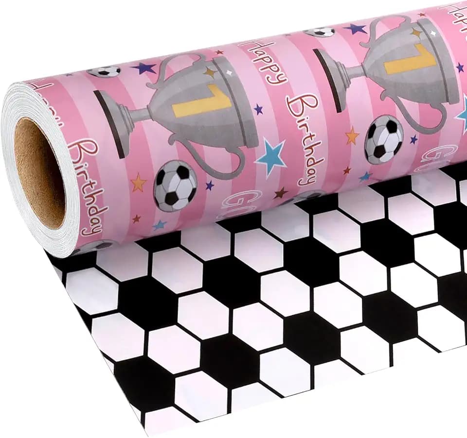 BIOBROWN Soccer Wrapping Paper for Girls Birthday Pink Goal & Trophies