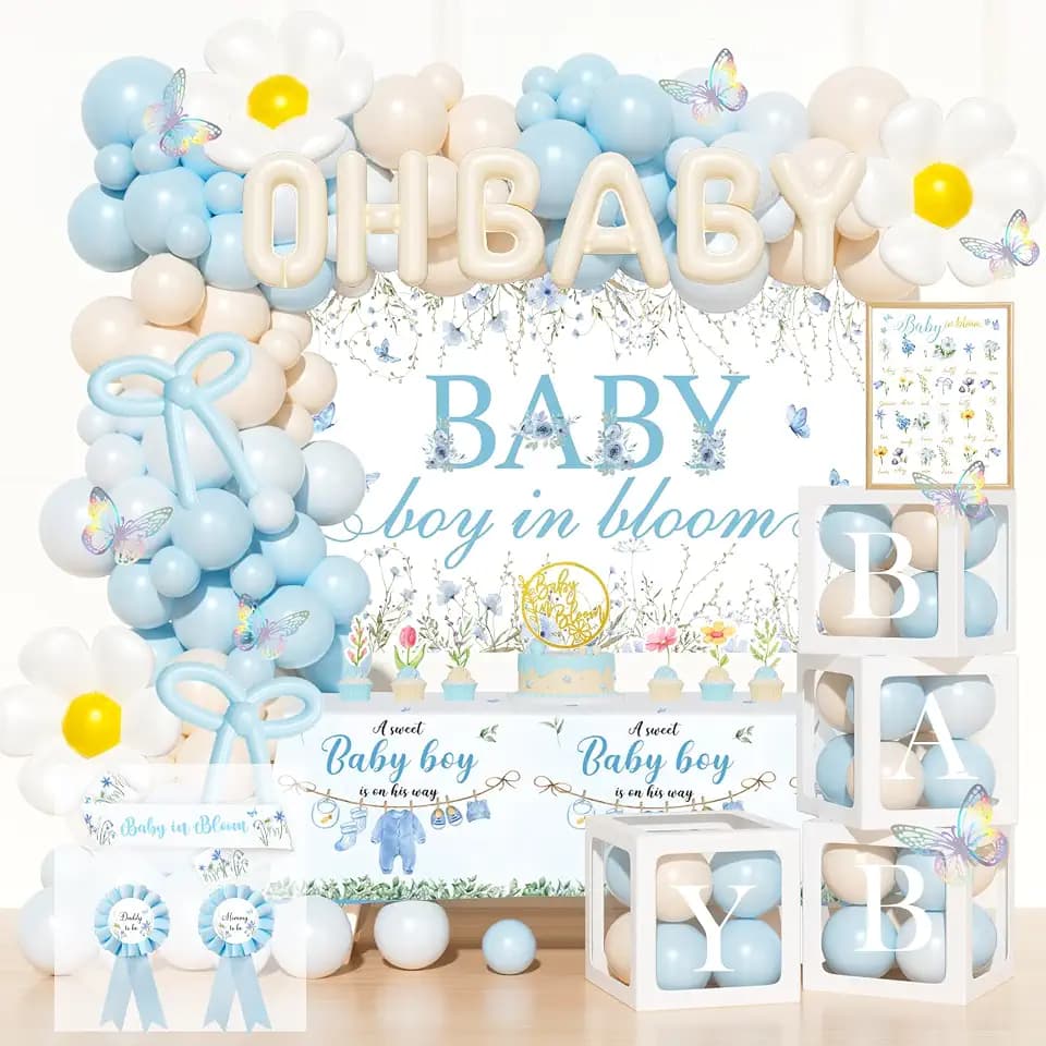 Party Inspo Baby Boy in Bloom Baby Shower Decorations – 148PCs Blue Wildflower Baby Shower Supplies with Floral Themed Backdrop, Balloon Garland, Tablecloth, Badge and Sash