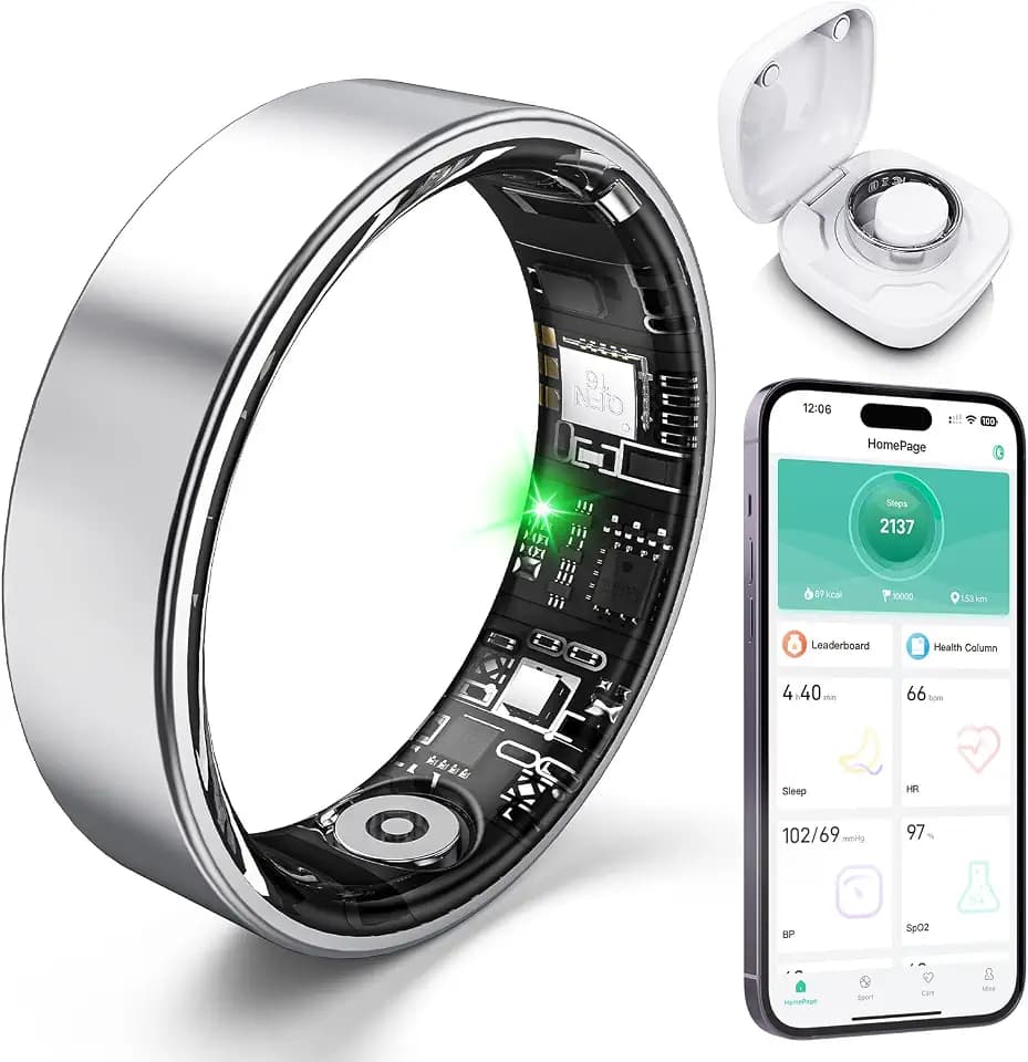 Smart Ring with Sleep Monitoring, Step Counting, Heart Rate, Blood Oxygen for iOS and Android, No Subscription Fee, IP68 Waterproof Health Tracker (Silver, 8)