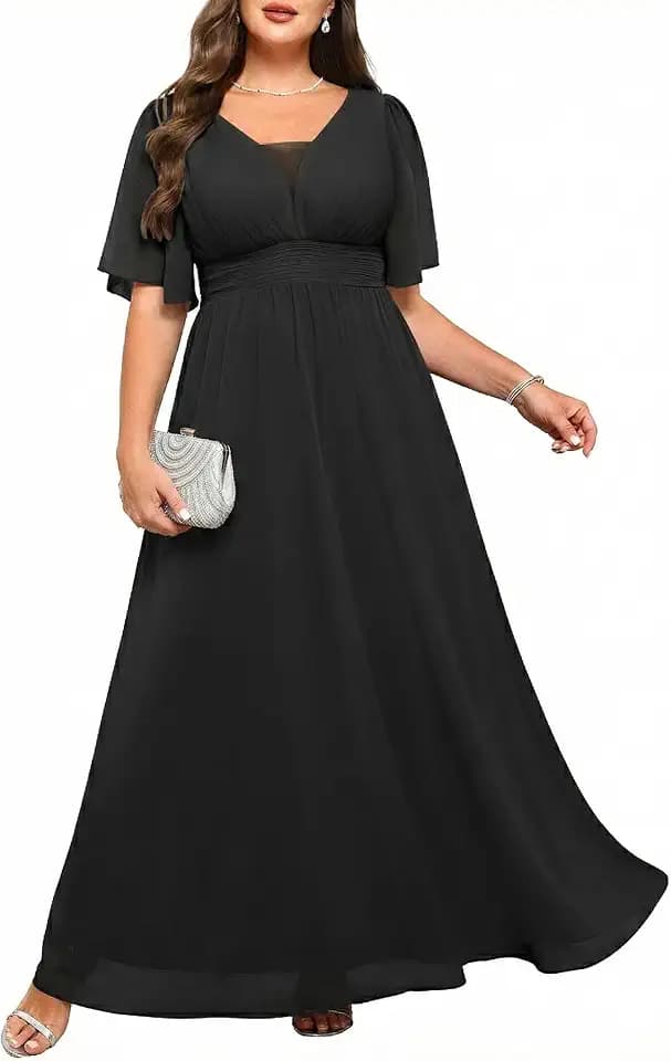 Women Plus Size Formal Dress Flutter Sleeve Maxi Wedding Guest Gown