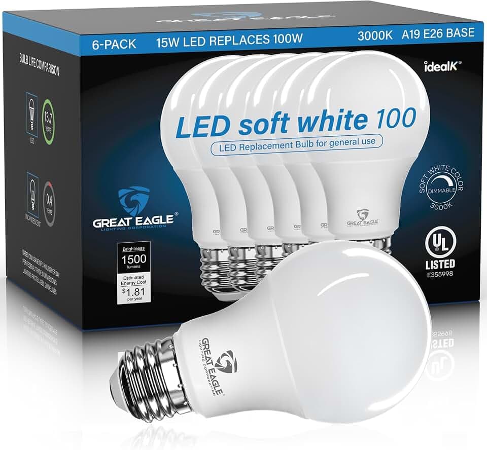 Great Eagle Lighting Corporation 100W LED Light Bulb Equivalent A19 Soft White 3000K Dimmable UL Listed (6 Pack)
