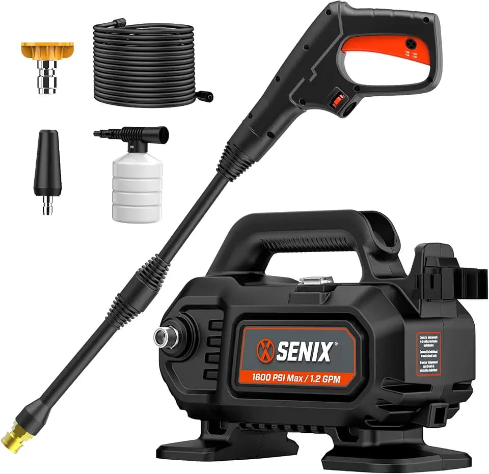 SENIX 1100 PSI Electric Pressure Washer with Foam Cannon - Compact Power Washer for Cars, Driveways, Patios & Outdoor Cleaning - Includes 15° Nozzle, Turbo Nozzle, Spray Gun, 20 ft Hose & 35 ft Cord