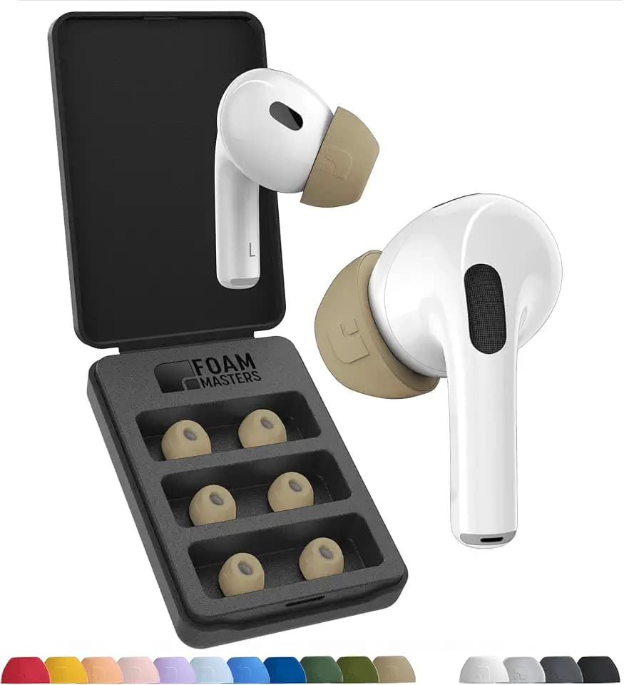 Foam Masters Ultra-Premium Memory Foam Ear Tips for AirPods Pro 1st & 2nd Gen | 3 Pairs | New Ver. | Secure Fit | Super Comfort | Better Noise Cancel | Replacement Buds (Assorted S/M/L, FDE Tan)