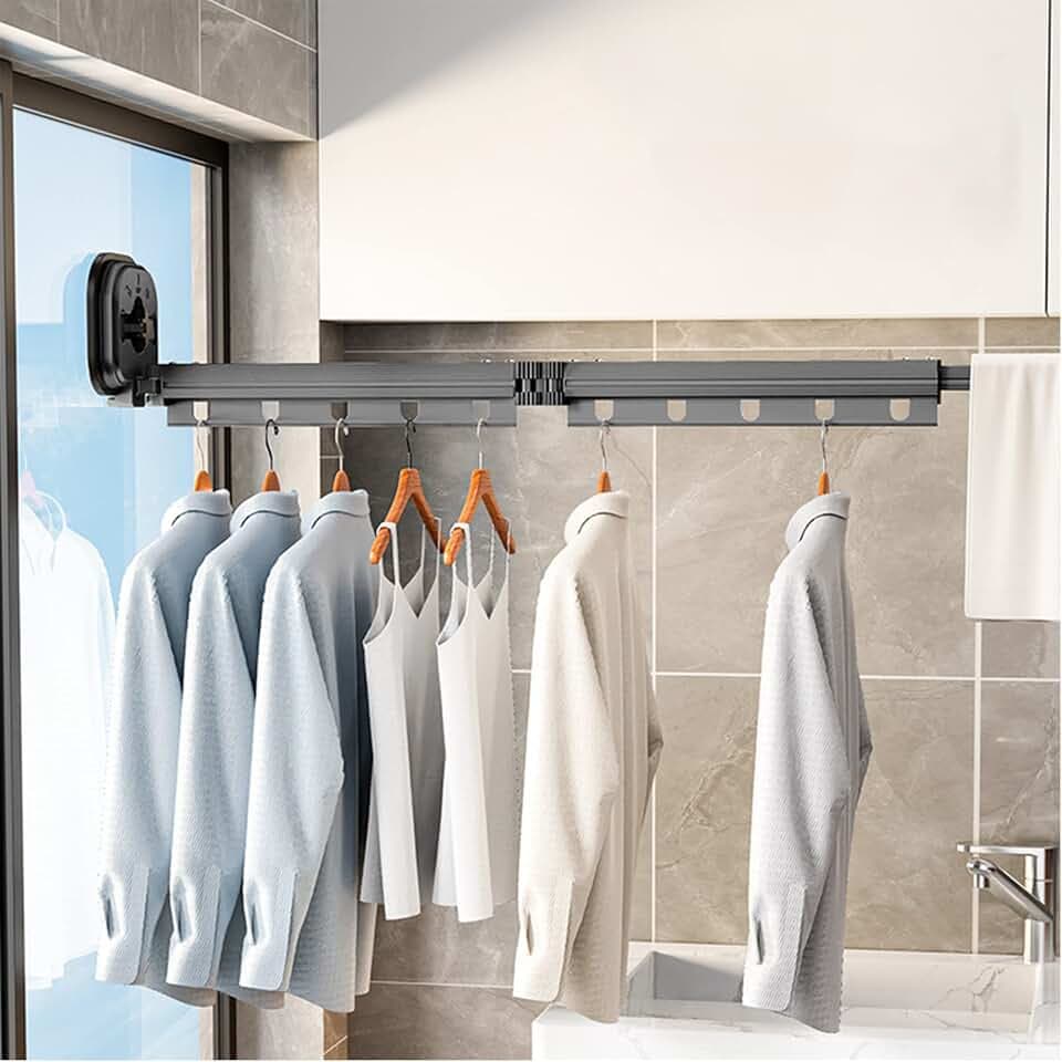 Wäscheständer, Einziehbar Wandmontierter Kleiderständer mit Saugnapf, Versenkbar Zusammenklappbar Kleiderstange mit Haken & Handtuchhalter Balkon,Wäsche, Badezimmer, Schlafzimmer (Dunkelgrau 2-fach)