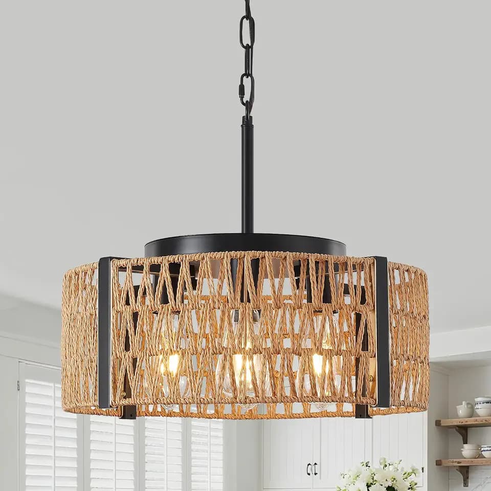 Boho Rattan Chandelier,4-Light 17.7”Chandeliers for Dining Room Hand Woven Rattan Light Fixture Farmhouse Chandeliers for Kitchen Island Bedroom, Living Room, Foyer (E26 Bulbs Not Included