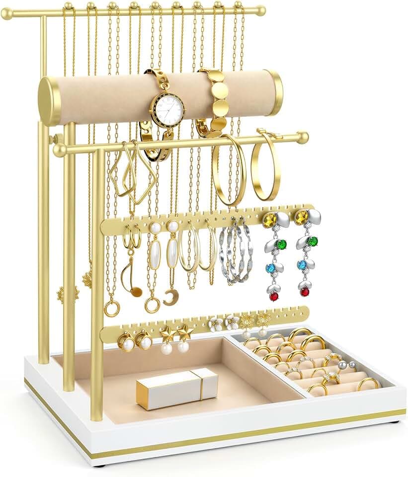 Emibele Halskettenhalter Ständer, 5-stufiger Schmuckhalter, Weiß/Golden
