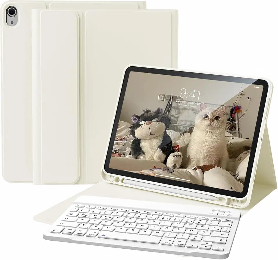 KVTVOU Hülle mit Tastatur für iPad A16 11. Gen, iPad 10. Gen, Cremeweiß