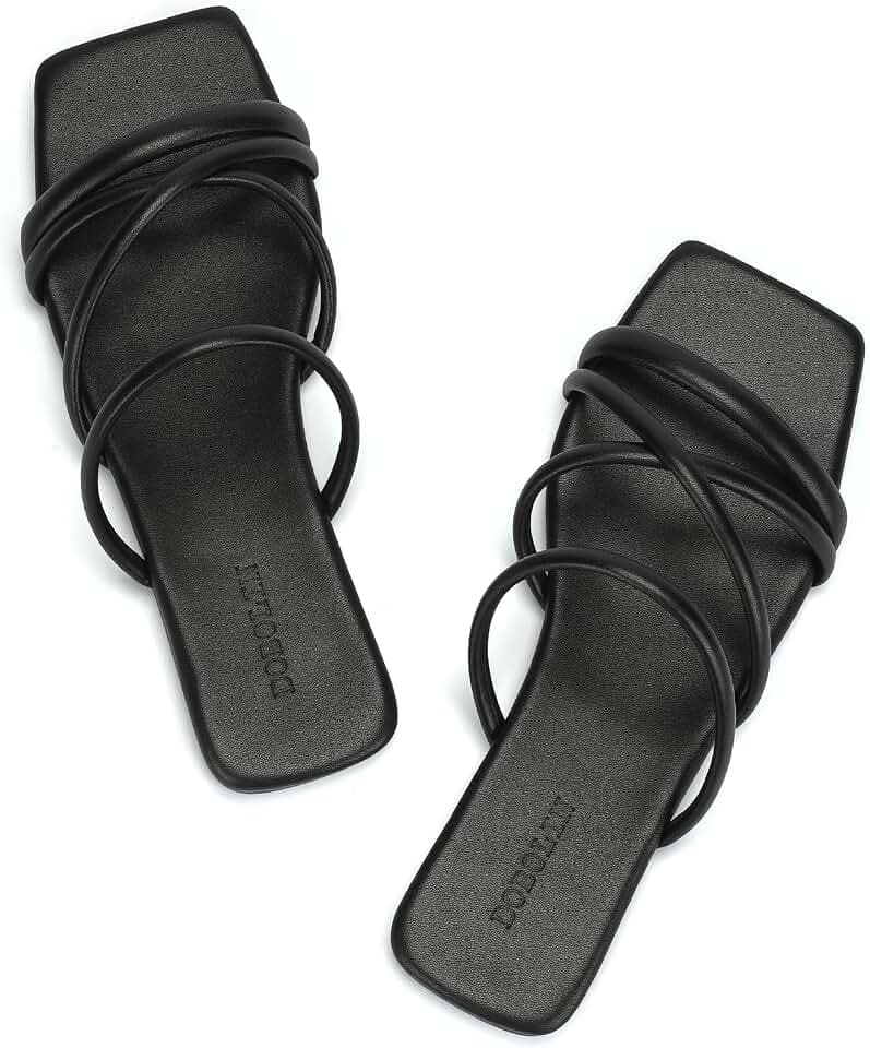 DOBOLIN Women's Flat Sandals Strappy Square Open Toe Slide Sandals Dressy Comfortable Wide Feet Friendly