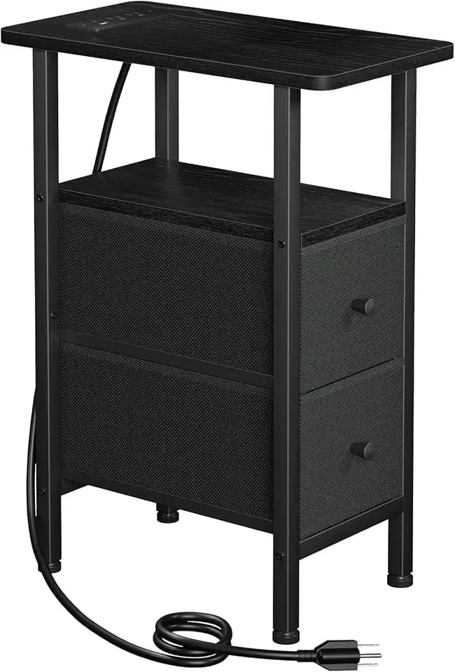 LOAKEKEL Narrow End Table with Charging Station, Small Nightstand