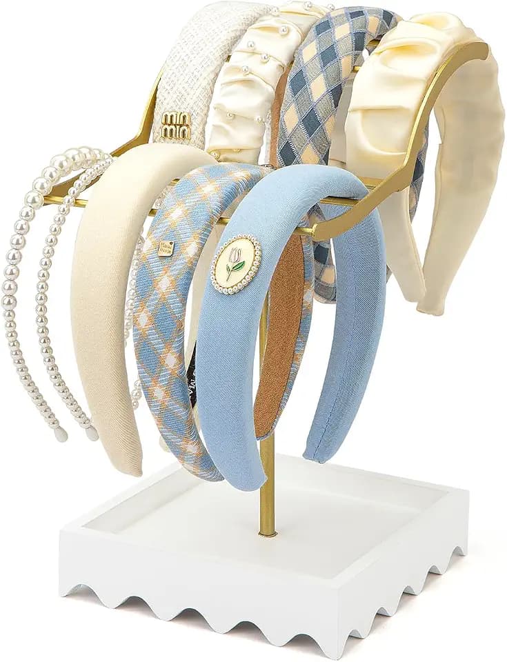 2-stufiger Goldener Stirnbandhalterständer, Haarband-Präsentationsständer aus Metall mit Aufbewahrungsfach für Accessoires aus weißem Holz für Mädchen, Frauen
