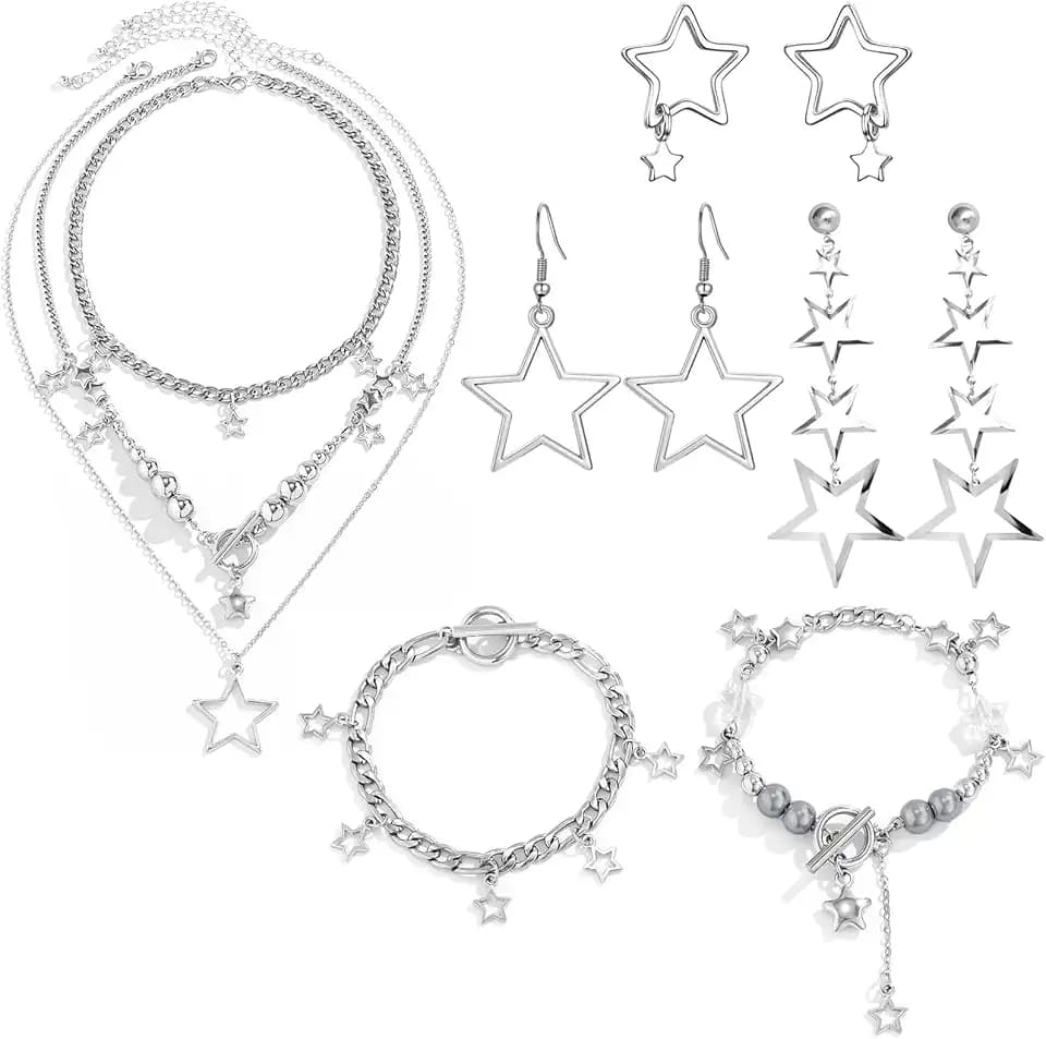 NEWITIN 11 Pieces Silver Star Jewelry Set for Women Costume Y2K Jewelry Set