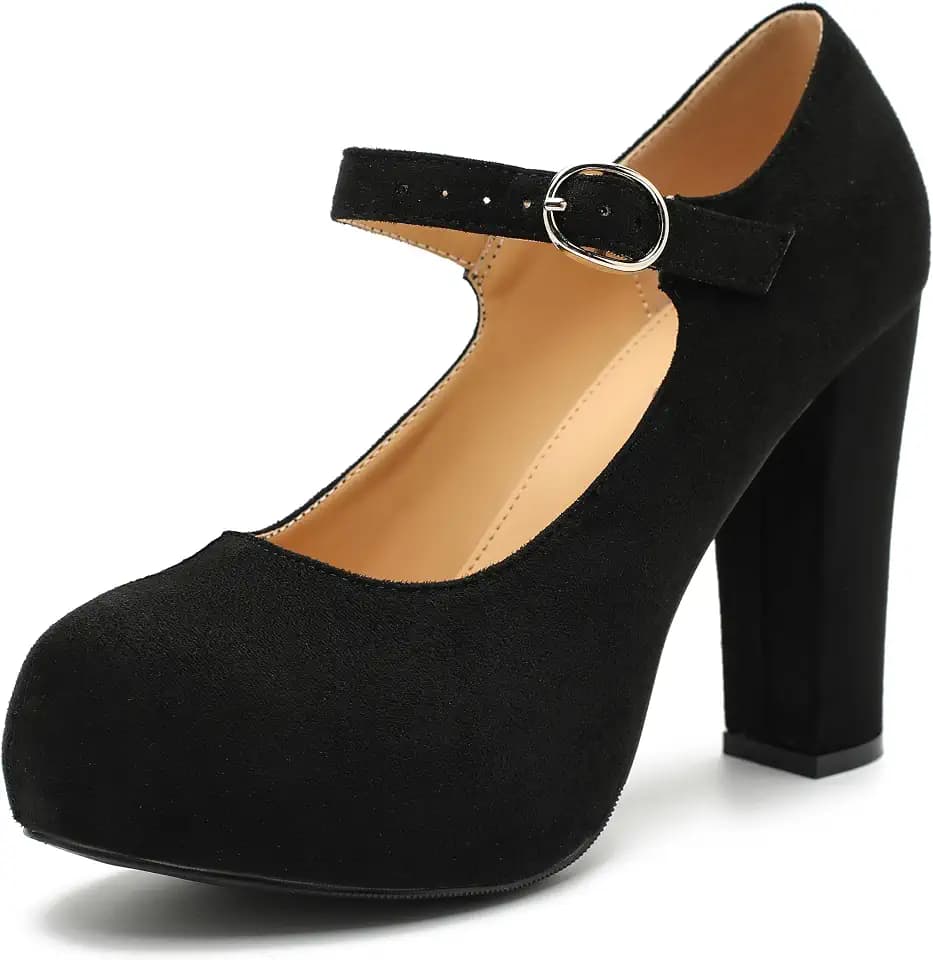 fereshte Women's Mary Jane Platform Pumps, 4 Inch Chunky Heel with Ankle Strap, Round Closed Toe Dress Shoes Comfortable Dress Shoes