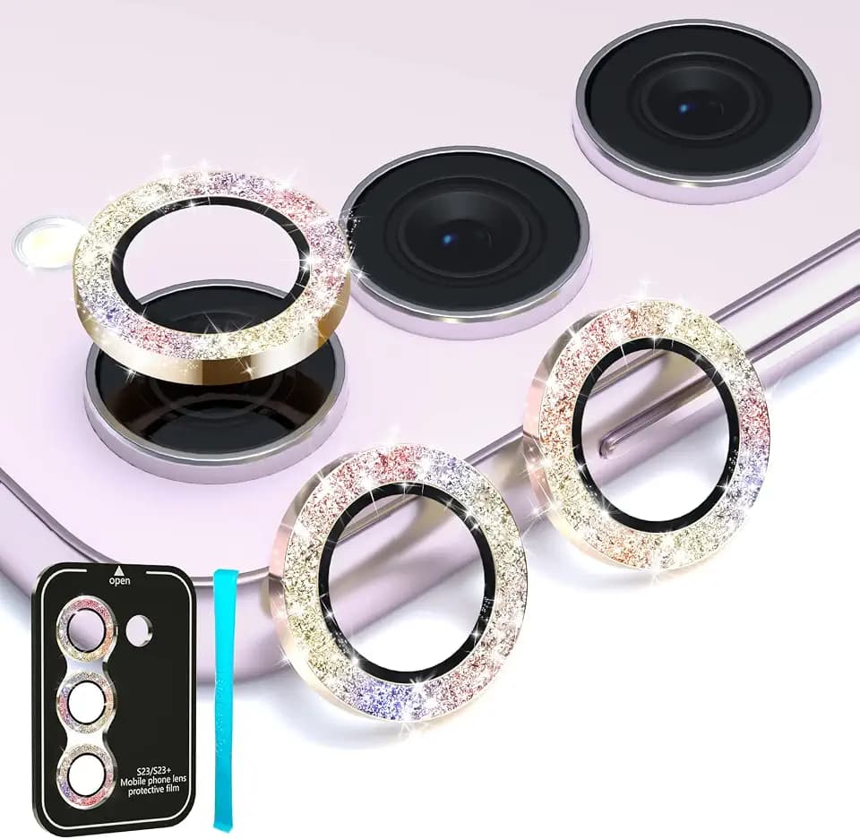 imluckies for Samsung Galaxy S24 / S23 / S23+ Plus Camera Lens Protector, [Glitter Diamond], 9H Anti-Scratch Tempered Glass with Aluminum Alloy Edge, Individual Ring Cover [NOT for S24+] 5G Colorful