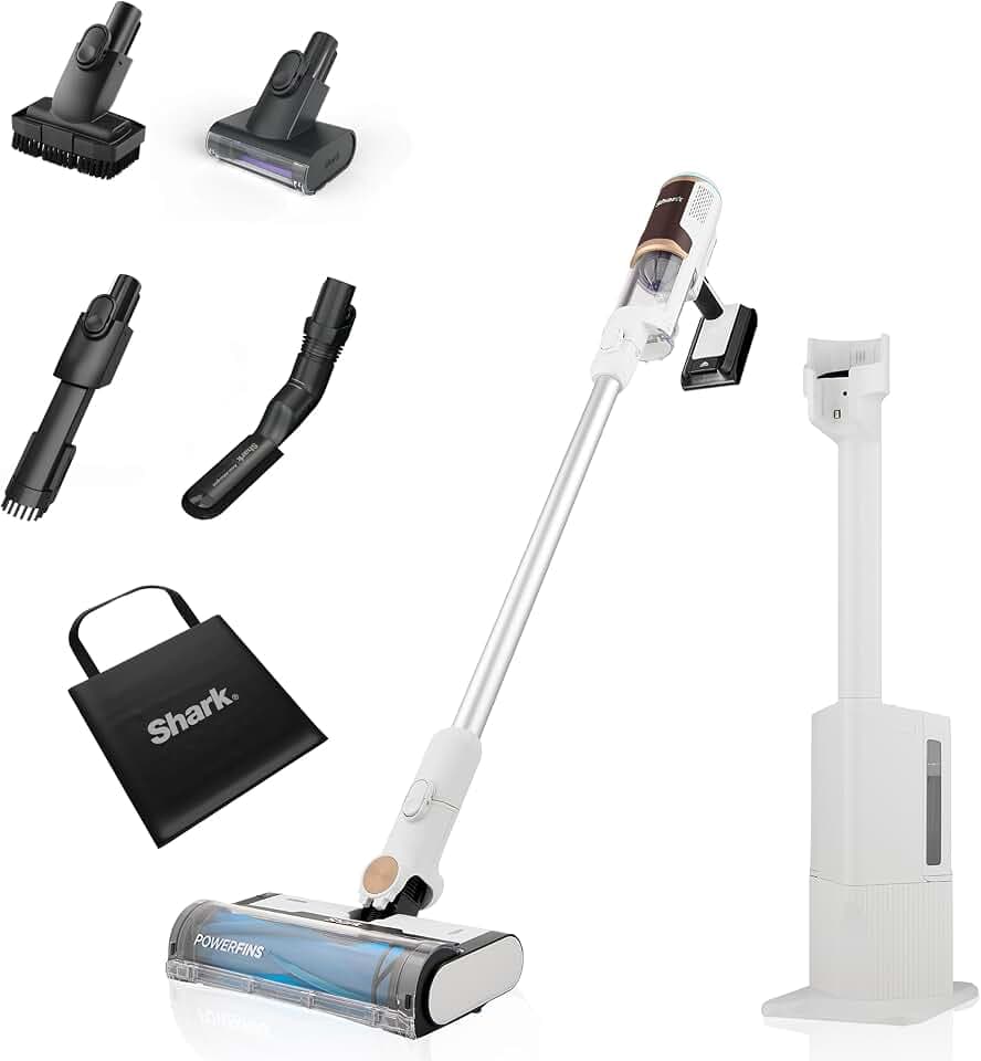 Shark Clean & Empty BU3521UKTSB kabelloser Staubsauger mit Auto-Leersystem, Leichter Anti-Haar-Wickelsauger mit Haustier- und Fugendüsen, 40 Minuten, Ladestation, LED-Scheinwerfer, Weiß, Mohogany