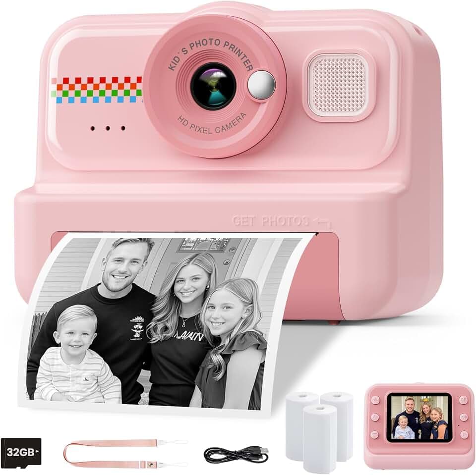 HiMont Kinderkamera Sofortbildkamera, 1080P Sofortbildkamera Kinder mit 32GB Karte & 3 Rollen Druckpapier, lustige Kinderspielzeug Geschenke für Jungen & Mädchen von 3-12 Jahren(Rosa)