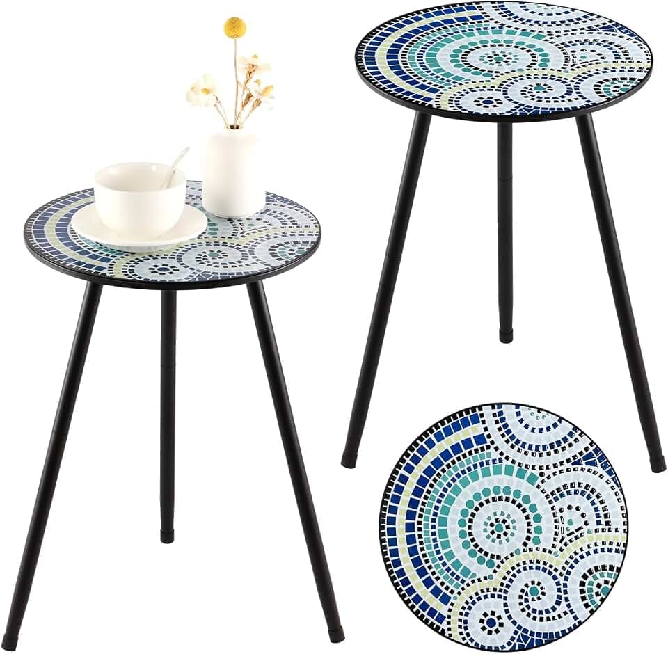 Party Zealot 2 Packs Metal Mosaic Round Side Tables 13.4" Small Outdoor Patio Round Accent Coffee Tables Indoor Corner Stand for Small Spaces Weather-Resistant for Balcony, Porch Plant Stands Indoor