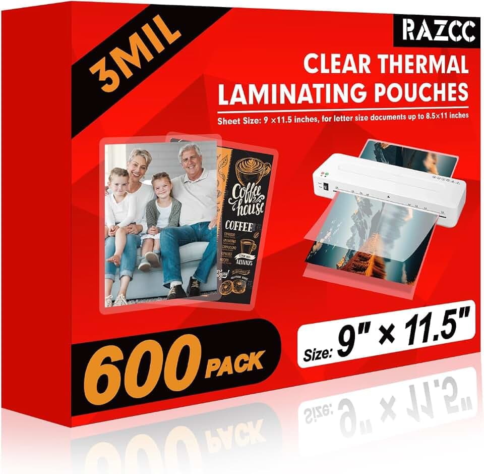 RAZCC Laminating Sheets, 600 Pack Clear Thermal Laminating Plastic Paper Laminator Sheets, 9 x 11.5-Inch, 3mil, Ideal Office or School Supplies
