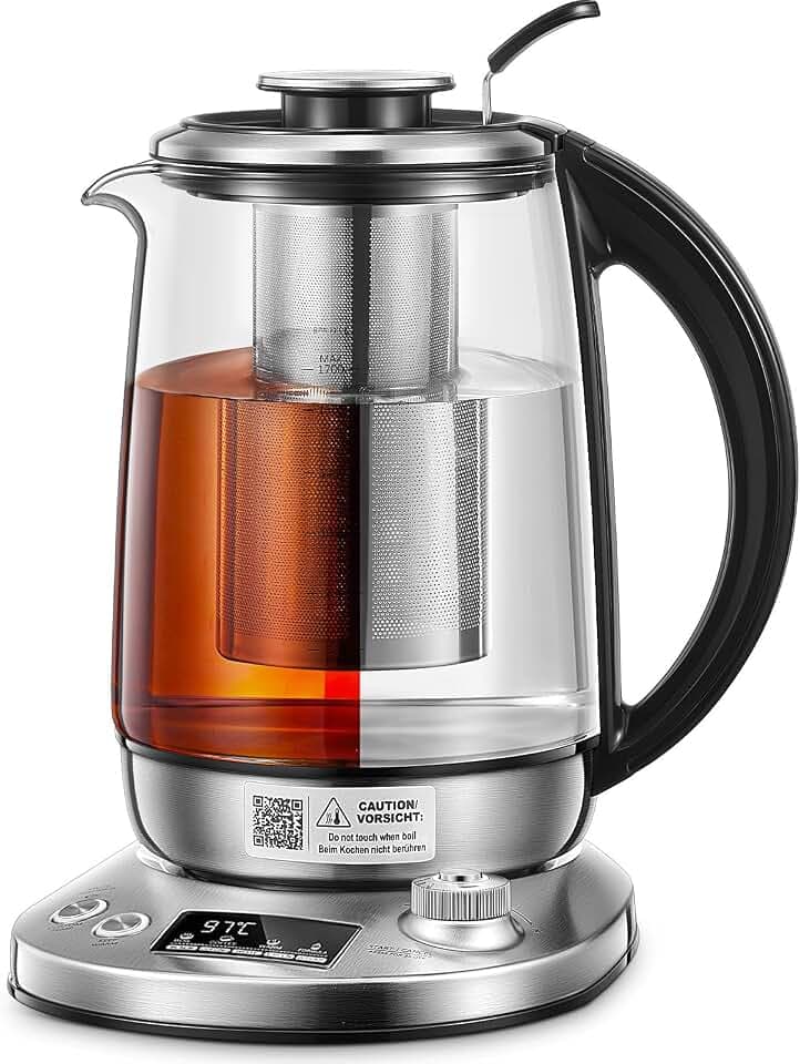 Glas Wasserkocher Mit Temperatureinstellung 40°C-100°C, 2200W Elektrischer Teekocher Mit Herausnehmbarem Tee-Ei, 2 Stunden Warmhaltefunktion, 1.7L (Silber)