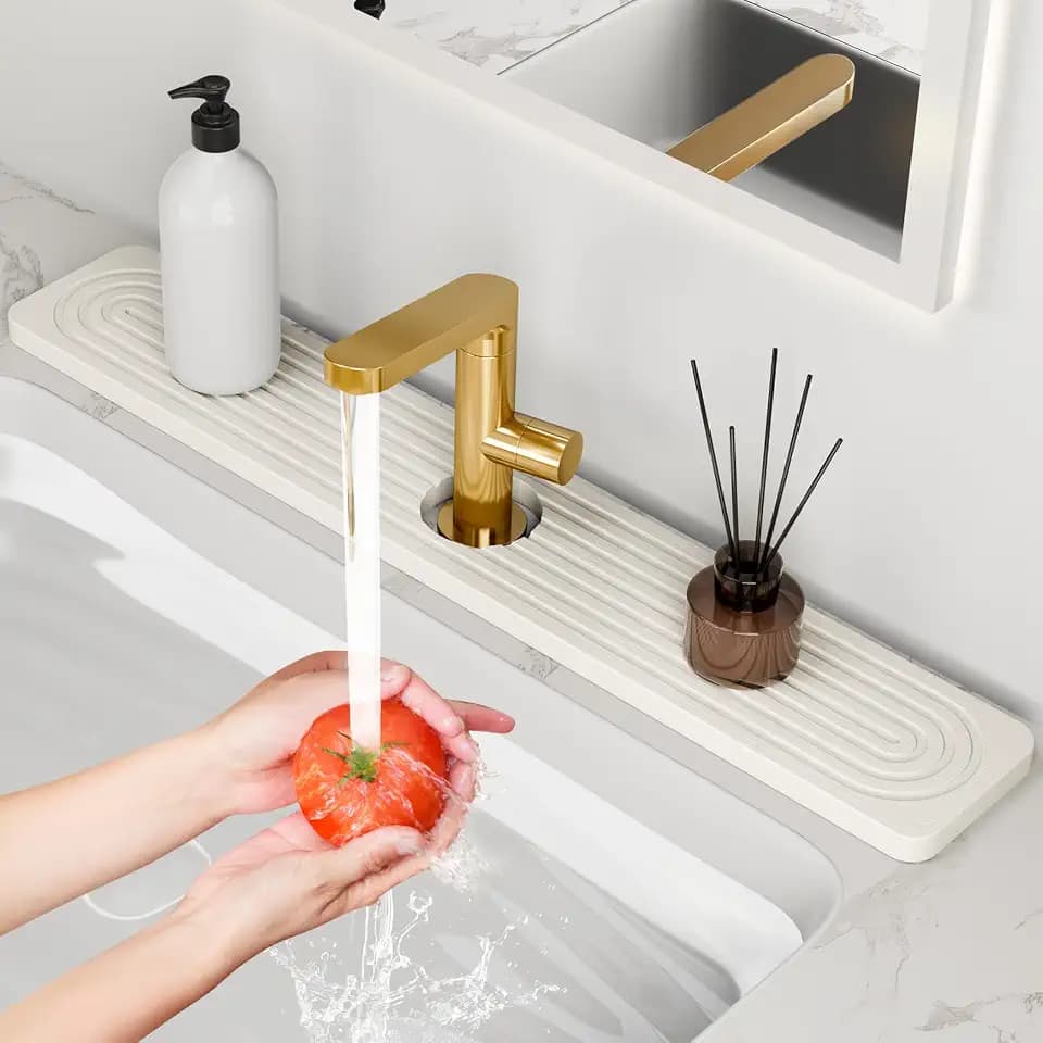 24'' Longer Stone Faucet Mat for Kitchen Sink [Super Absorbent, 30s Quick Drying] Water Absorbing Stone Tray for Sink Stone Mat for Kitchen Sink Stone Quick Dry Around Faucet Diatomite Stone Sink Tray