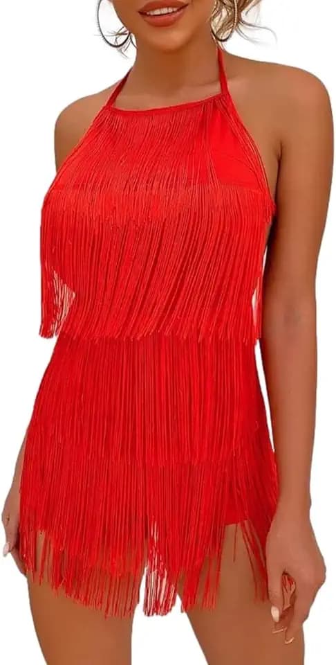 Ella Lust Verführerischer rückenfreier Overall mit Fransenkleid - Damen-Club-Boho-Playsuit mit Quasten und gestuftem Neckholder, Festival-Bodysuit
