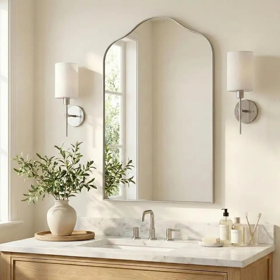 ANDY STAR Scalloped Arched Mirror, 22x35 Brushed Nickel Irregular Bathroom Mirror for Vanity, Asymmetrical Curved Top with Rustproof Stainless Steel Frame, for Entryway, Bedroom, Mantel, Fireplace