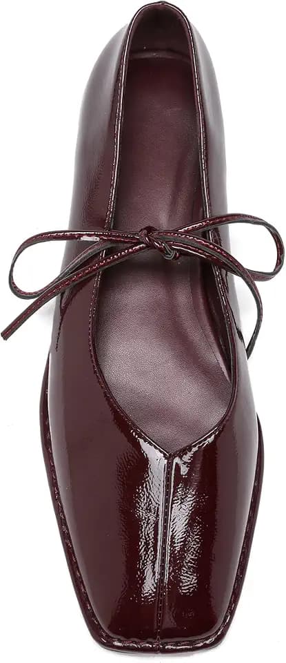 Lace Up Square Toe Ballet Flats for Women Cute Bow Slip On Mary Jane Flats
