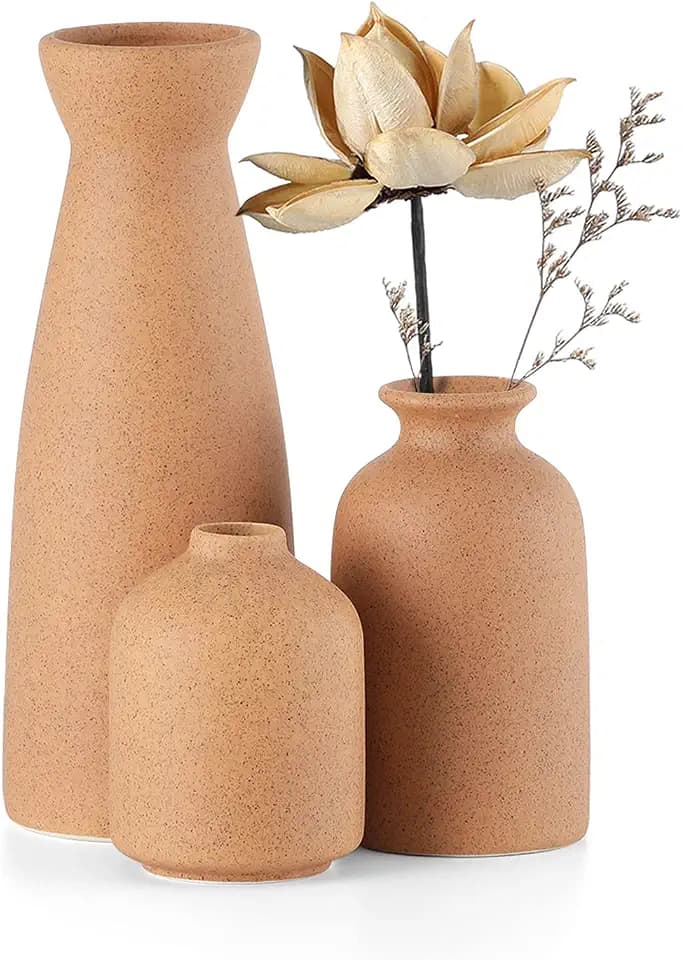 CEMABT Braun Keramik Vasen 3er-Set Kleine Blumenvasen für Dekor, Moderne rustikale Bauernhaus Home Decor, Dekorative Vasen für Pampas Grass&getrocknete Blumen, Idee Regal, Eingangsbereich- Distressed
