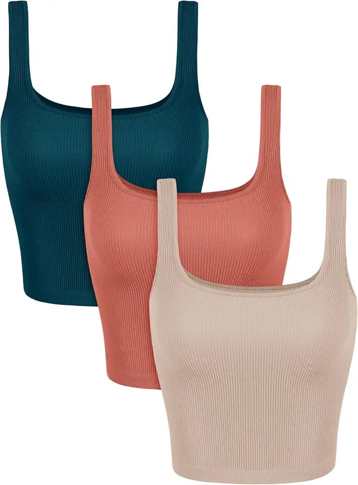 ODODOS 3-Pack Seamless Square Neck Crop Tank for Women Ribbed Knit Soft Low Back Cropped Tops