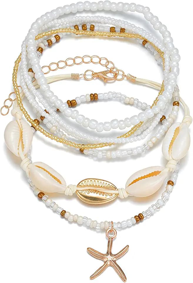 Qceasiy Shell Ankle Bracelets for Women, Boho Beaded Beach Anklet Set