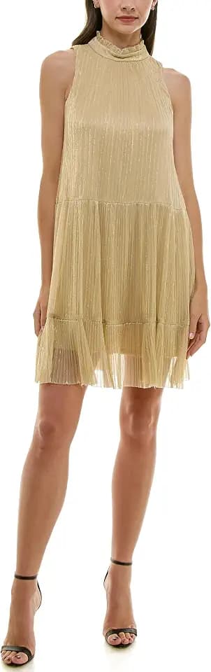 Maison Tara Womens Sleeveless Metallic Babydoll Mini Dress
