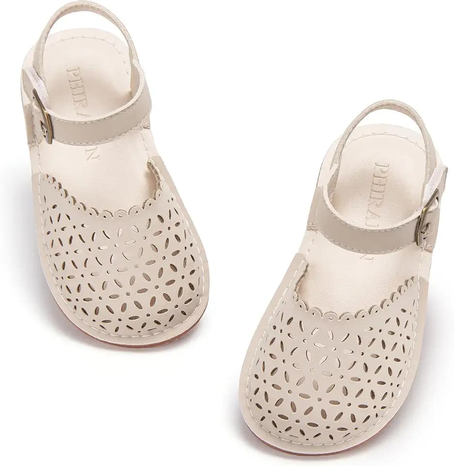 PHIRAMIN Toddler Little Girl Sandals - Flower Girl Close Toe Dress Shoes Flats Wedding Princess