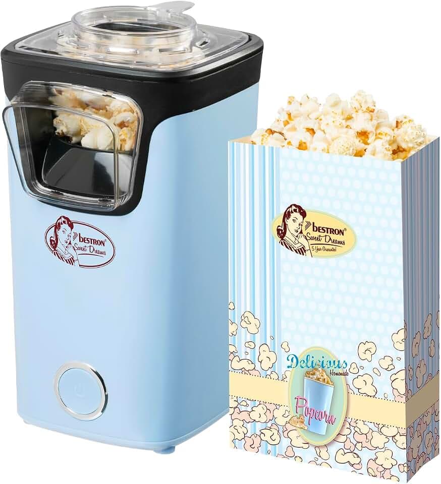 Bestron Popcornmaker, Turbo-Popcorn in unter 2 Minuten, Popcornmaschine mit Heißlufttechnologie, inkl. 10x Popcorntüten & integrierten Messbecher, Sweet Dreams Kollektion, Farbe: Blau